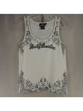Harley Davidson Womens L Tank Top White Paisley Bandana Rhinestone Stretch Shirt